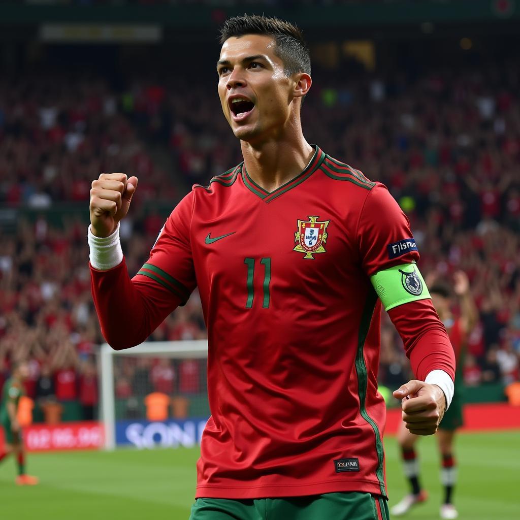 Ronaldo ăn mừng bàn thắng trong màu áo Bồ Đào Nha