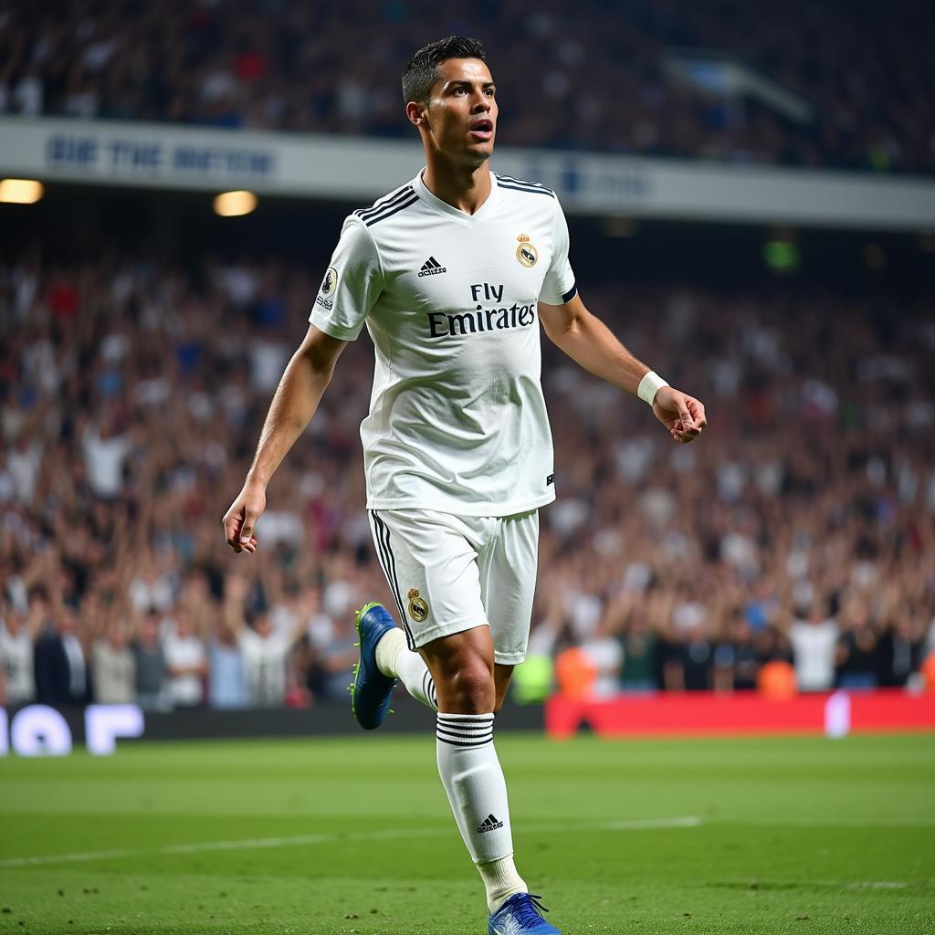 Ronaldo ăn mừng bàn thắng trong màu áo Real Madrid