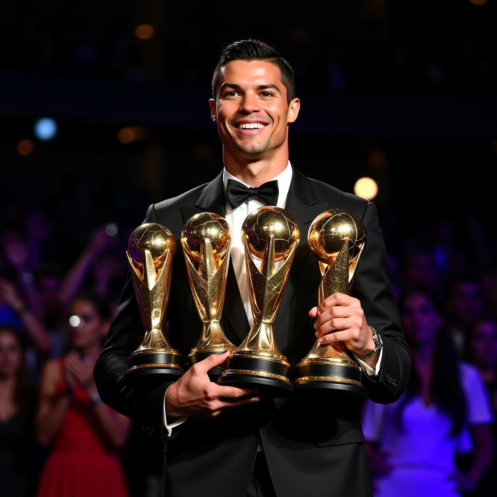 Cristiano Ronaldo posing with his five Ballon d'Or trophies