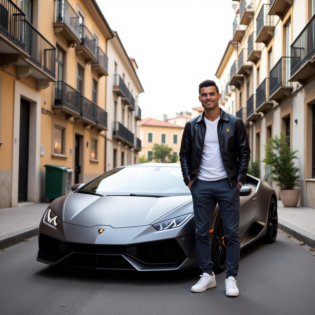 Ronaldo đứng cạnh Lamborghini Aventador