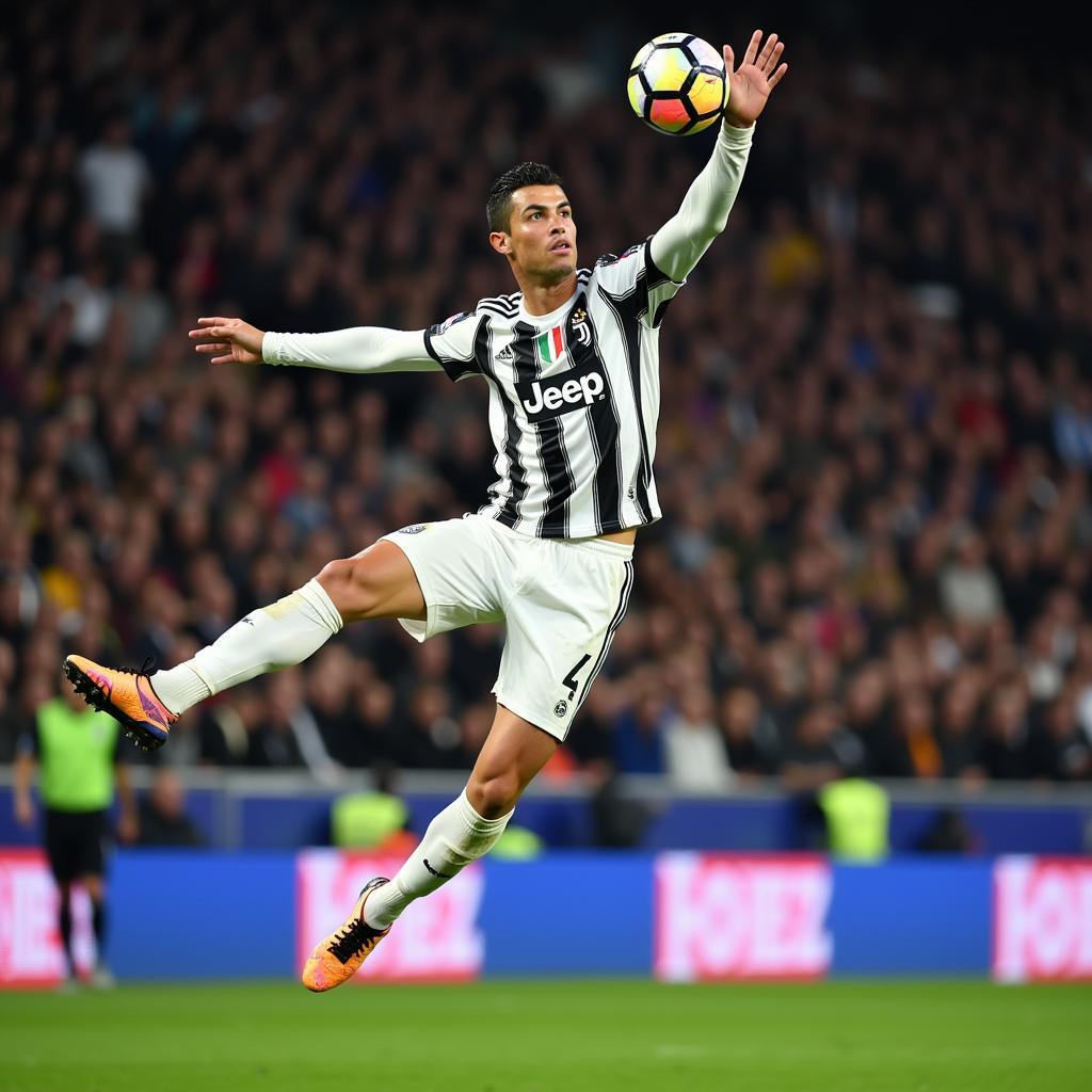 Cristiano Ronaldo thực hiện cú ngả bàn đèn hoàn hảo trong màu áo Juventus tại Champions League.