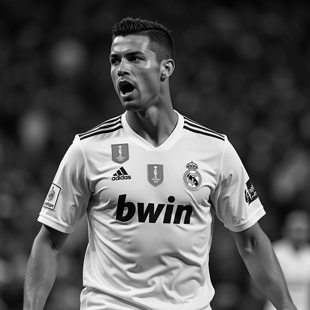 Hình ảnh Ronaldo - biểu tượng của bóng đá thế giới, được thể hiện qua bức chân dung đen trắng đầy cảm xúc, khắc họa sự nỗ lực và cống hiến không ngừng nghỉ của anh trên sân cỏ.