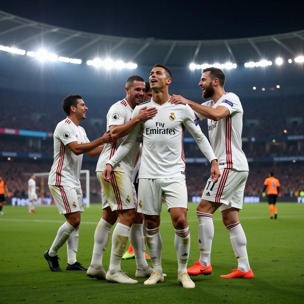 Ronaldo celebrating a Champions League goal with teammates