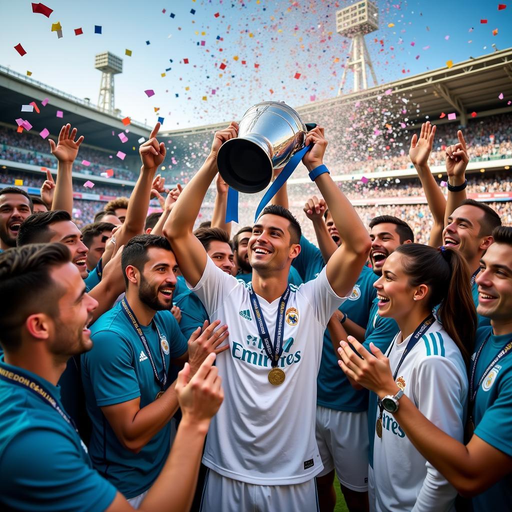 Cristiano Ronaldo celebrating a league title win with his teammates