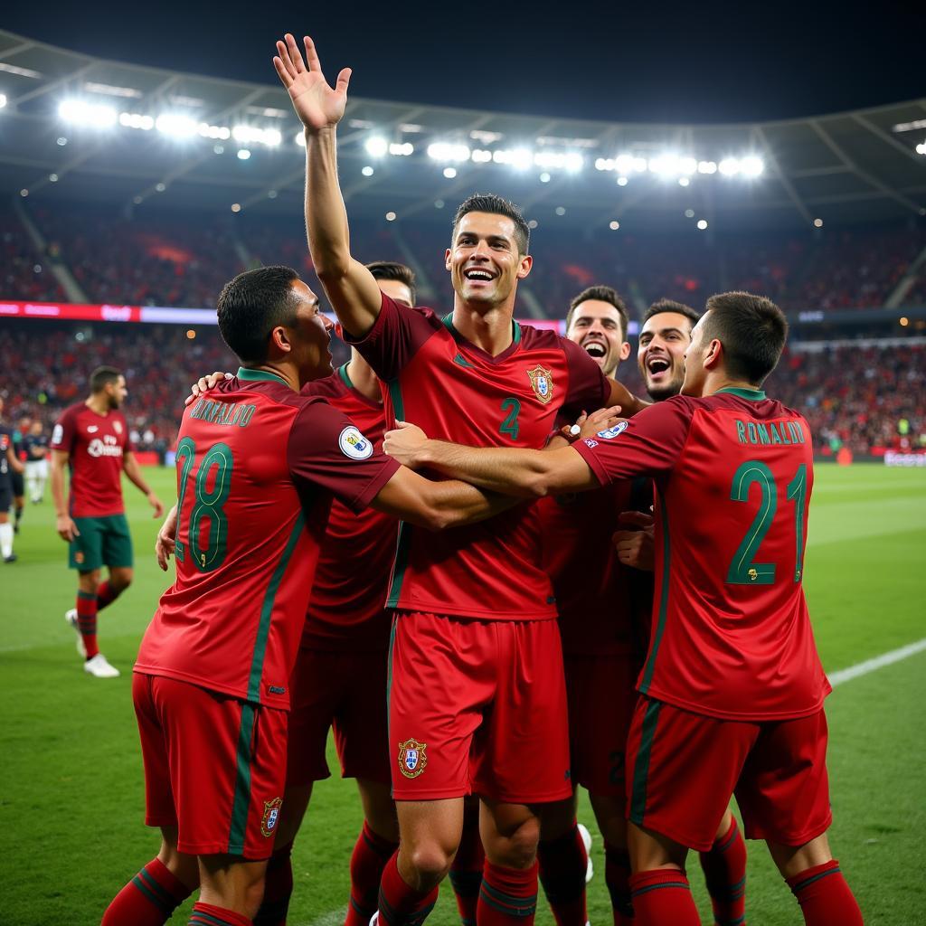 Ronaldo cùng đồng đội ăn mừng chiến thắng tại Nations League