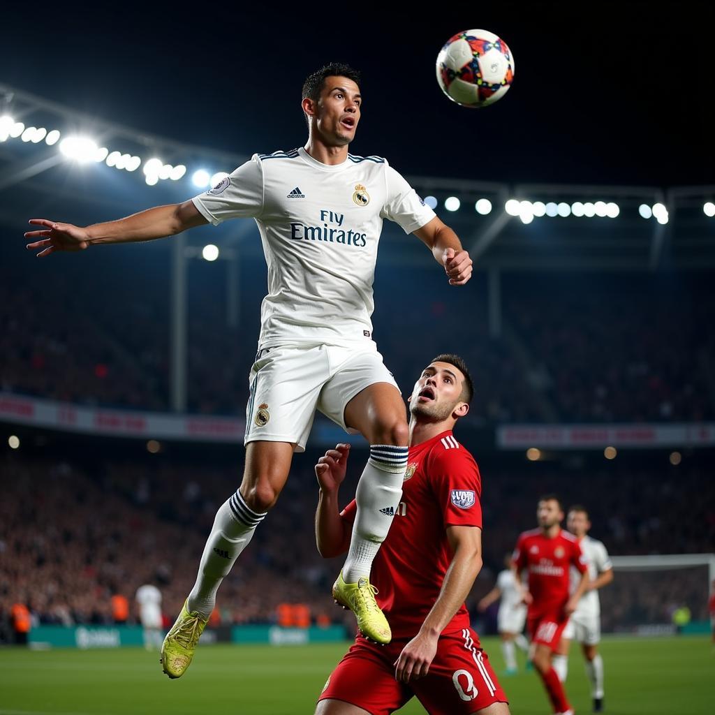 Ronaldo đánh đầu ghi bàn cho Real Madrid trong một trận đấu Champions League.