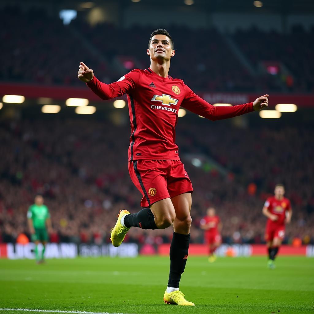 Ronaldo ăn mừng bàn thắng trong màu áo Manchester United