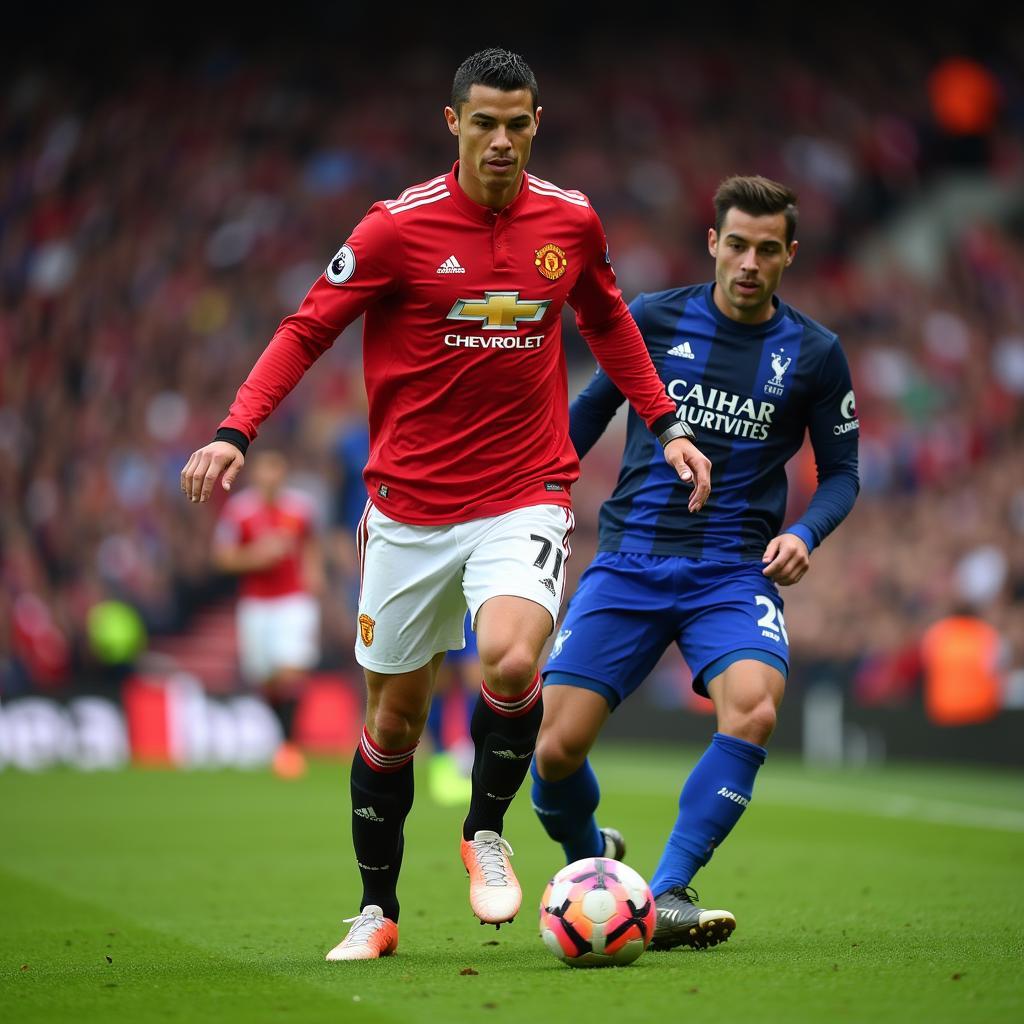 Ronaldo dribbling past a defender for Manchester United