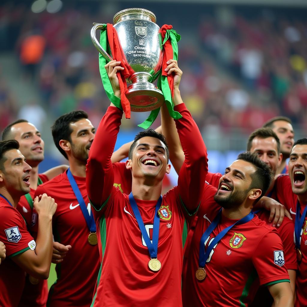 Ronaldo nâng cao chiếc cúp vô địch Euro 2016 cùng đồng đội