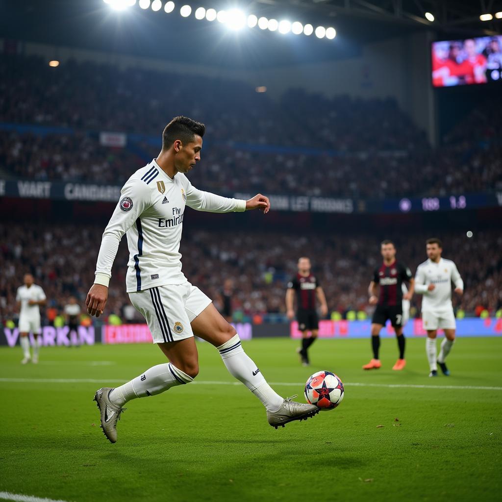 Ronaldo thực hiện quả penalty trong trận đấu giữa Real Madrid và PSG tại Champions League