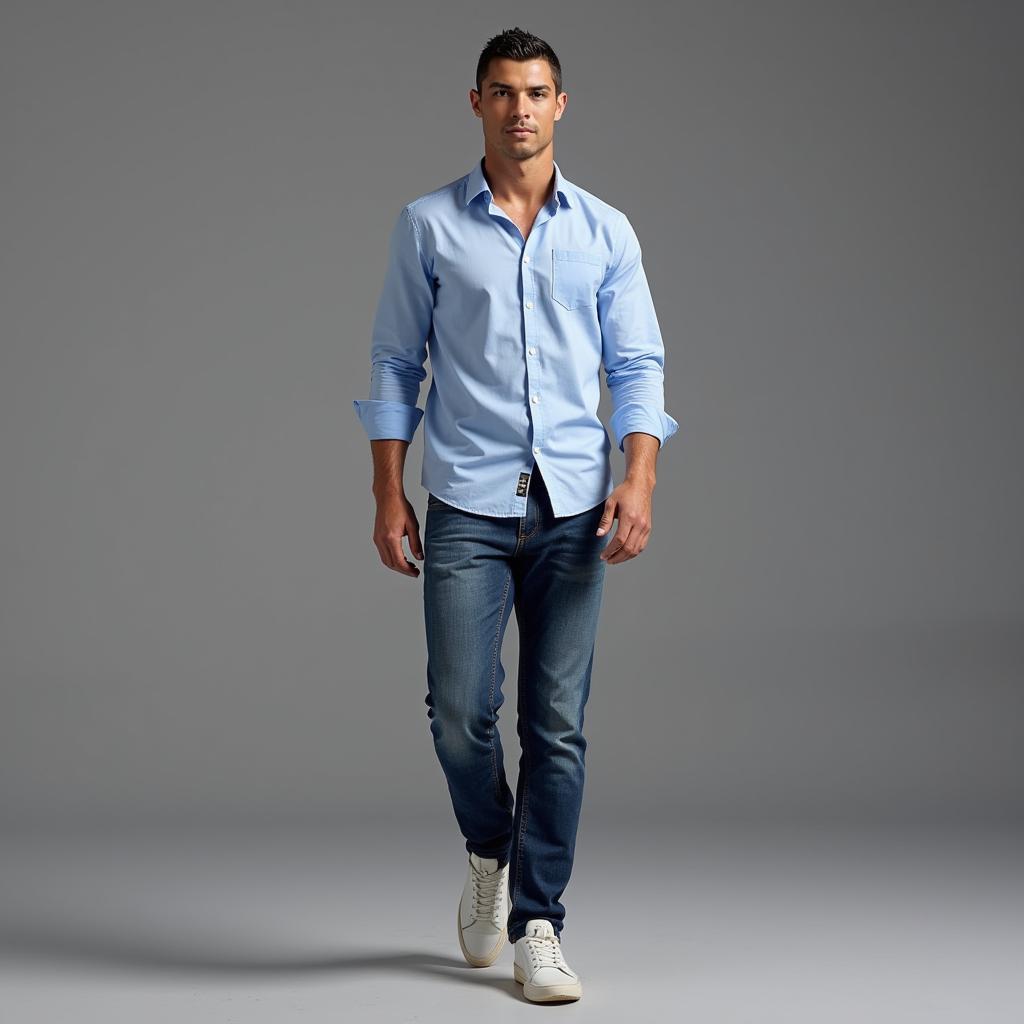 Ronaldo phối đồ sơ mi và quần jeans năng động.