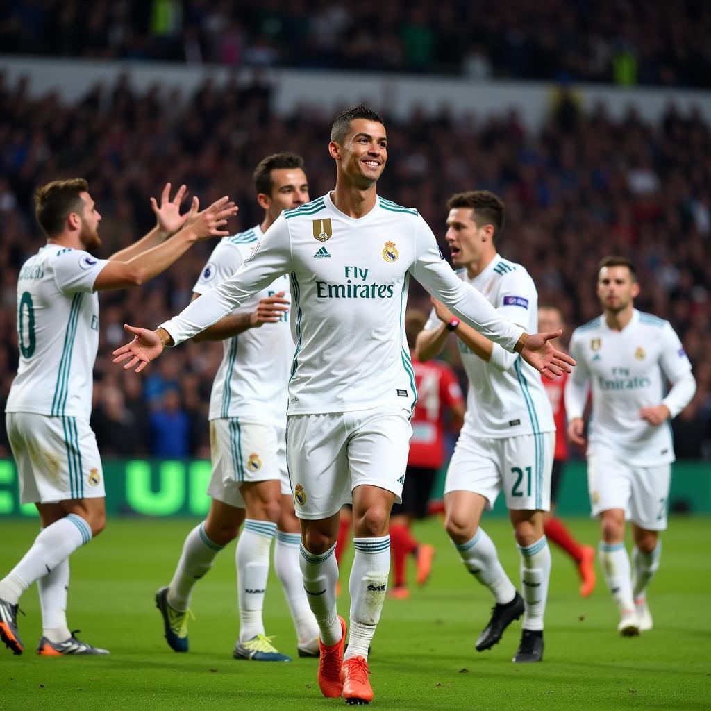 Ronaldo ăn mừng bàn thắng trong màu áo Real Madrid năm 2018