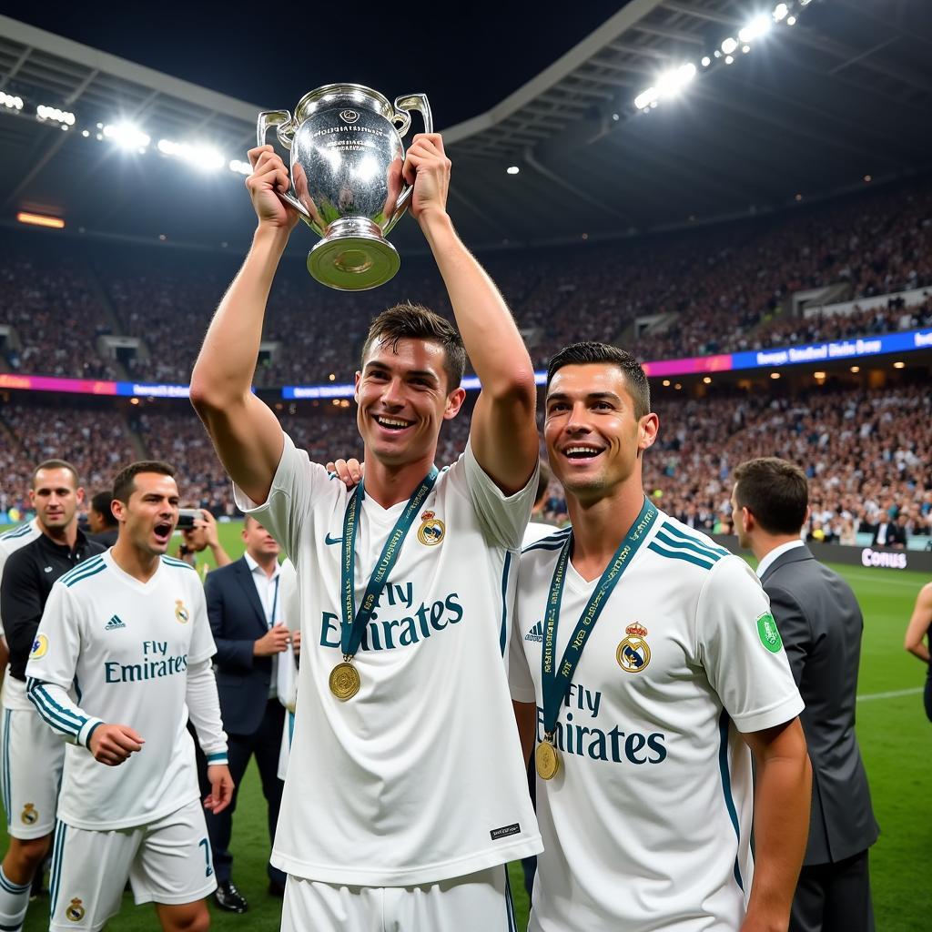 Ronaldo ăn mừng chức vô địch Champions League cùng Real Madrid