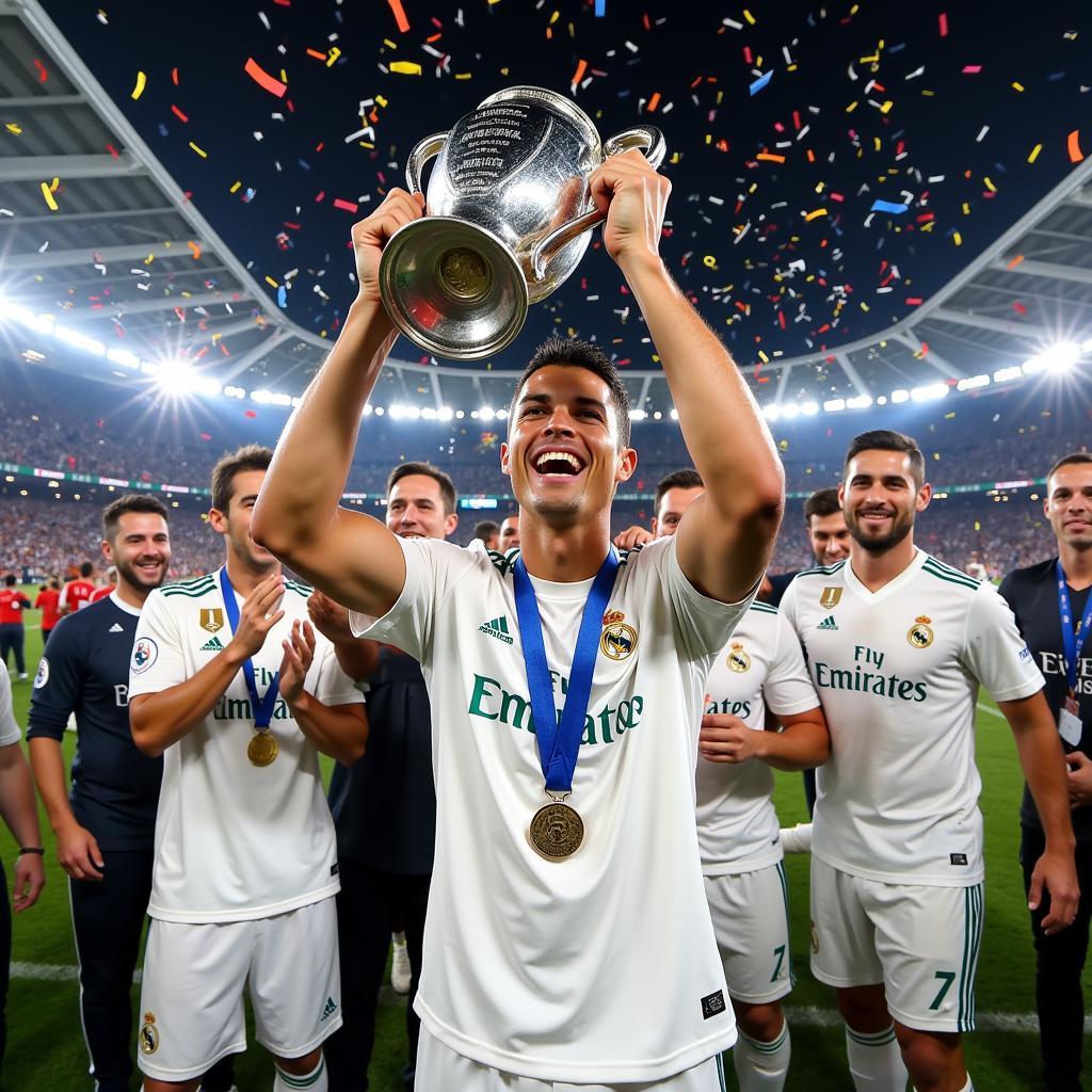 Ronaldo ăn mừng chức vô địch Champions League cùng Real Madrid