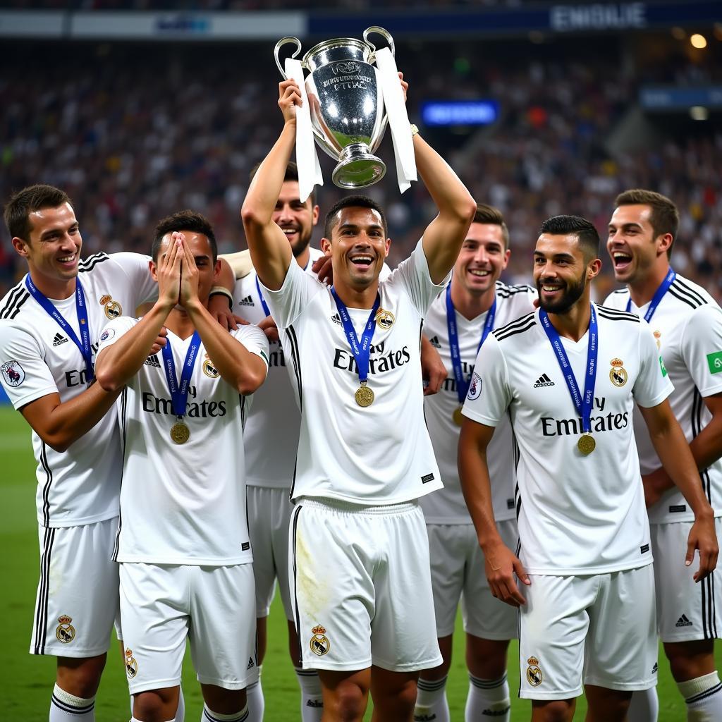 Ronaldo ăn mừng chức vô địch Champions League cùng Real Madrid