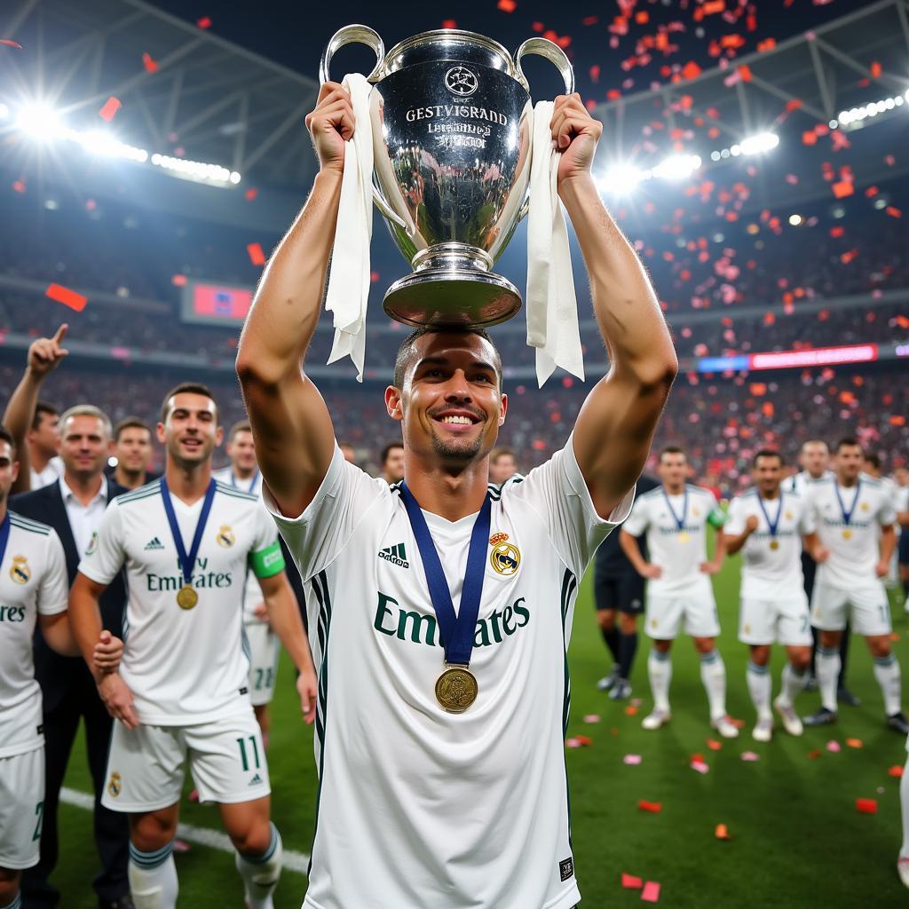 Cristiano Ronaldo lifting the Champions League Trophy with Real Madrid