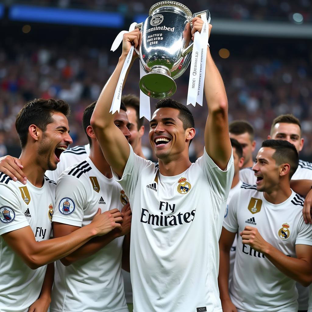 Ronaldo ăn mừng chức vô địch Champions League cùng Real Madrid