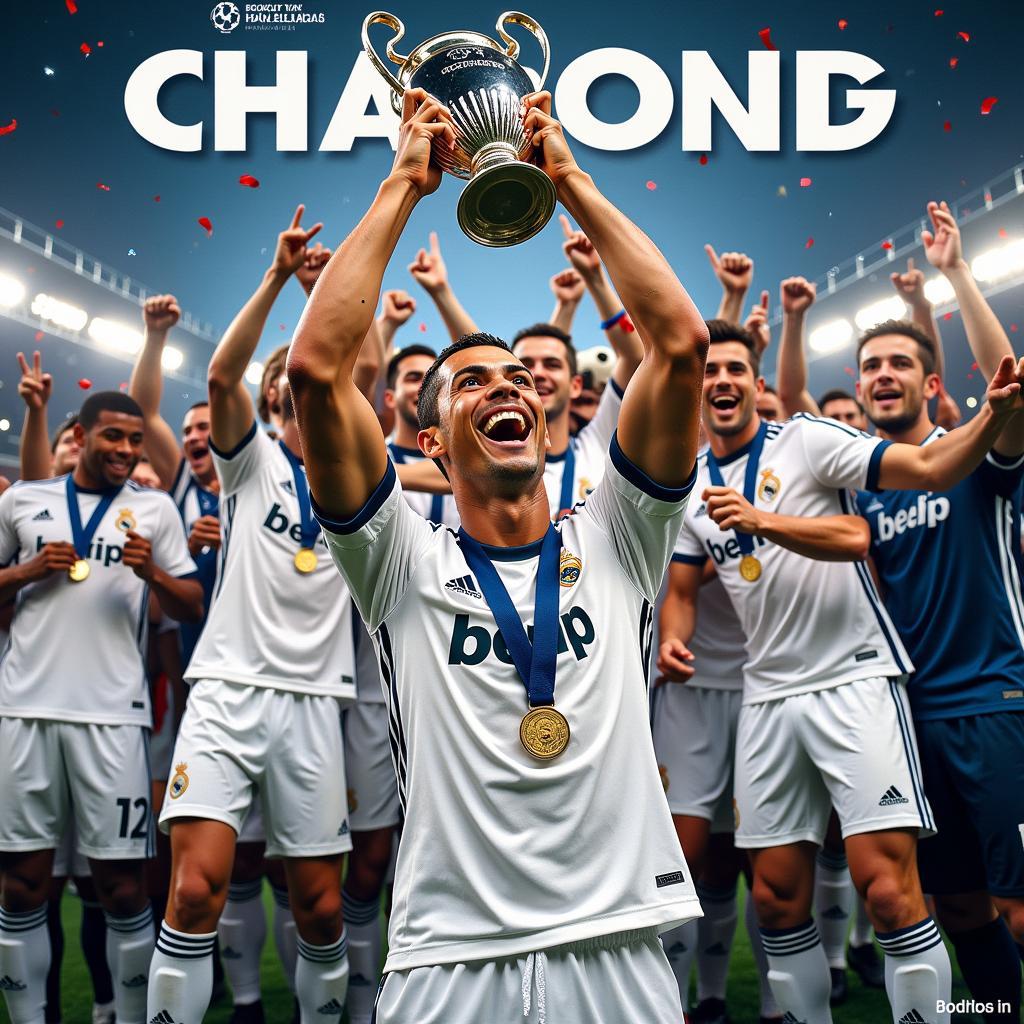 Poster Ronaldo nâng cúp Champions League cùng Real Madrid