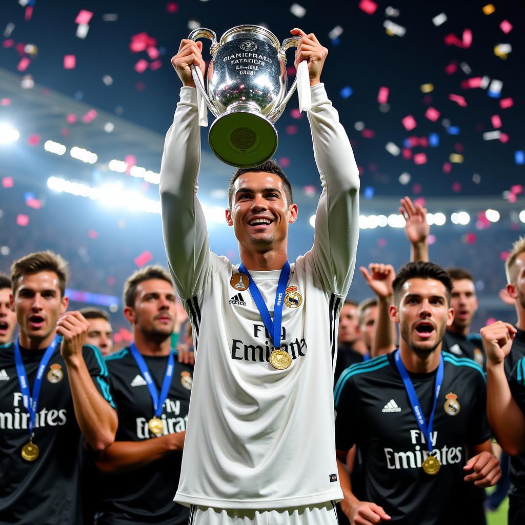 Ronaldo lifts the Champions League trophy with Real Madrid