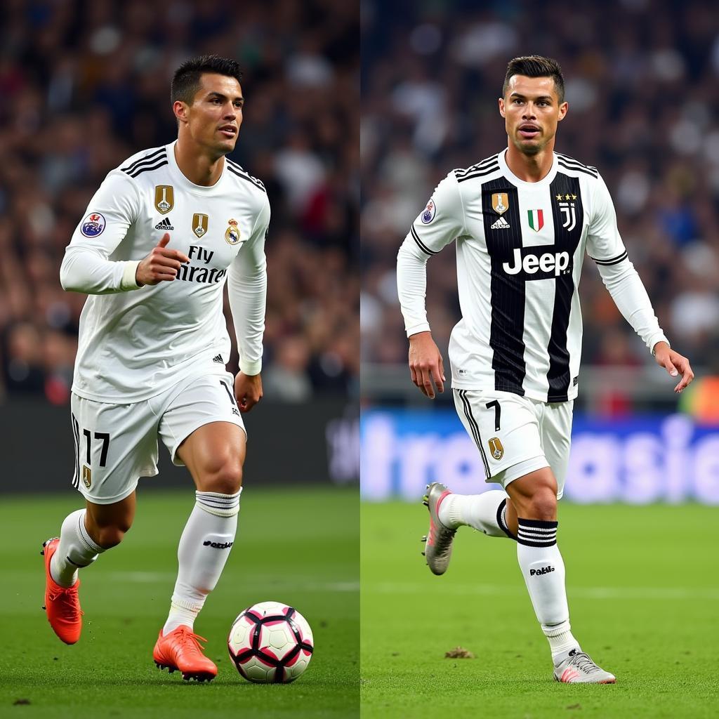 Ronaldo trong màu áo Real Madrid và Juventus