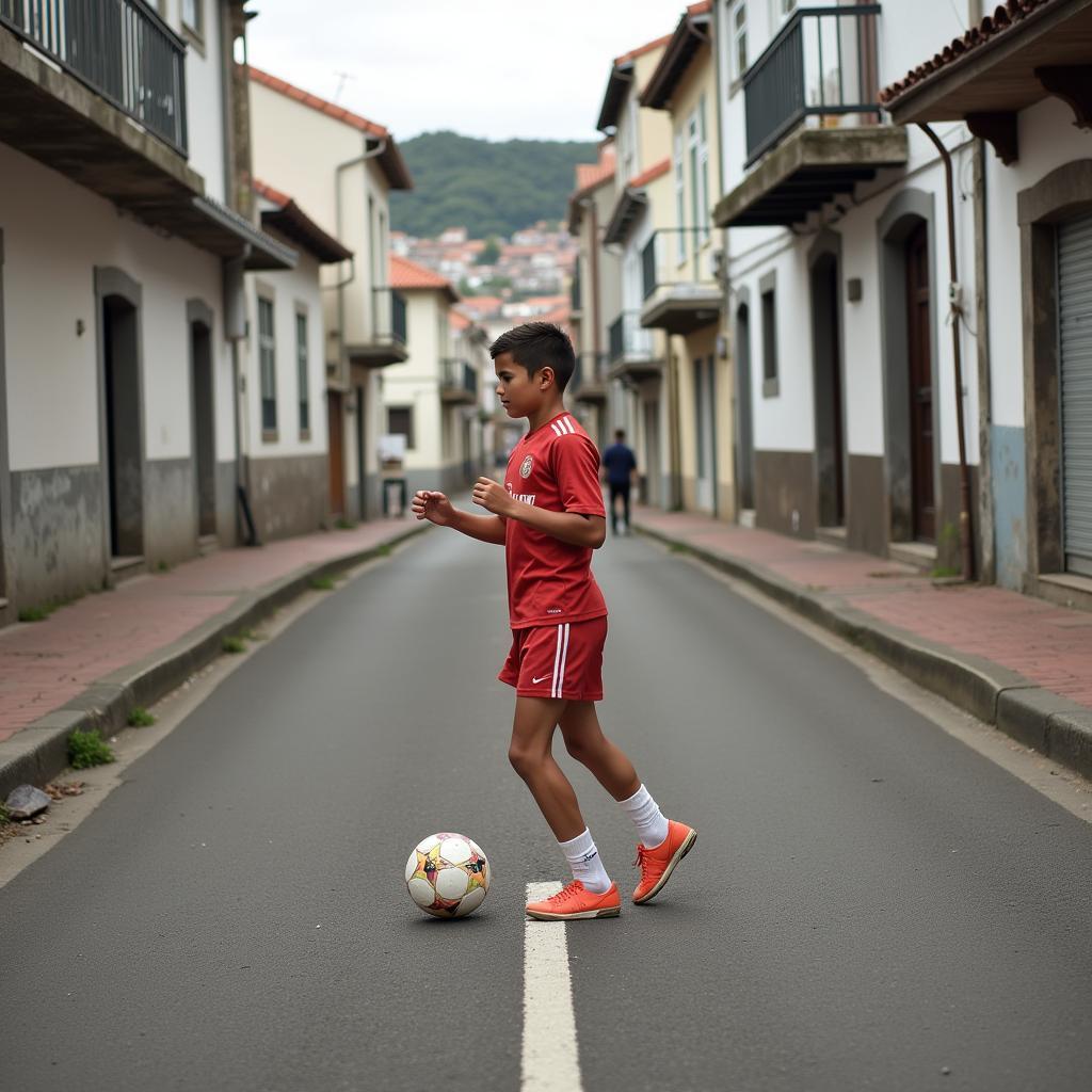 Tuổi thơ của Cristiano Ronaldo: Hình ảnh cậu bé Ronaldo chơi bóng trên đường phố Madeira