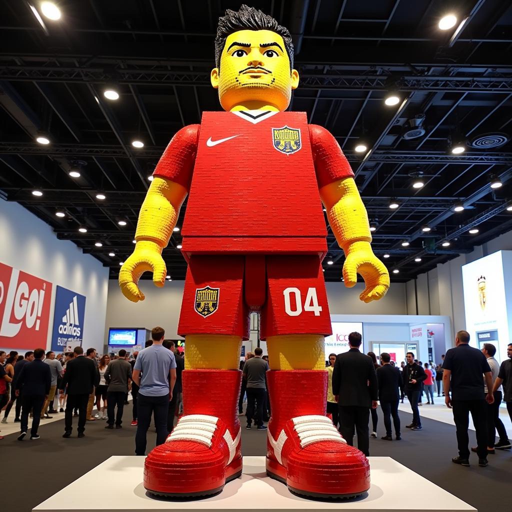 Tượng Lego Ronaldo khổng lồ được trưng bày tại một sự kiện thể thao.